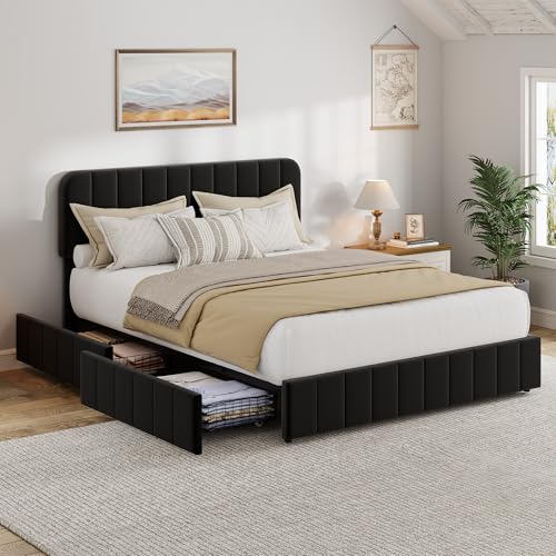 Garvee Queen Size Velvet Bed Frame with 4 Storage Drawers, Upholstered Platform Bed with Vertical Channel Tufted Adjustable Headboard, No Box Spring Needed, Easy Assembly, Black | Plush Velvet Comfort, Adjustable Tufted Headboard, Sturdy Slat Support, Qui