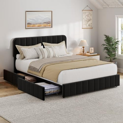 Garvee Queen Size Velvet Bed Frame with 4 Storage Drawers, Upholstered Platform Bed with Vertical Channel Tufted Adjustable Headboard, No Box Spring Needed, Easy Assembly, Black | Plush Velvet Comfort, Adjustable Tufted Headboard, Sturdy Slat Support, Qui