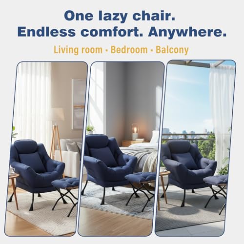 Lazy Chair with Ottoman, Comfy Reading Chair for Bedroom，Navy | Comfy Bedroom Accent Chair with Washable Removable Cover and extra throw pillow for Living Room Dorm - color: Peach Navy-1
