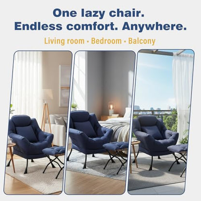 Lazy Chair with Ottoman, Comfy Reading Chair for Bedroom，Navy | Comfy Bedroom Accent Chair with Washable Removable Cover and extra throw pillow for Living Room Dorm - color: Peach Navy-1