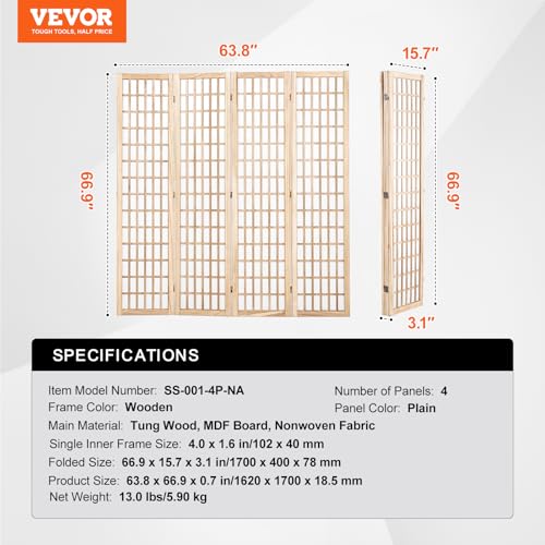 VEVOR Room Divider, 4 Panel Japanese Room Divider, Folding Privacy Screen Indoor, Portable Partition Dividers and Decoration Screens, for Room Separation, Home, Office, Restaurant & Bedroom (Natural) - color: Natural, size: 4 Panel