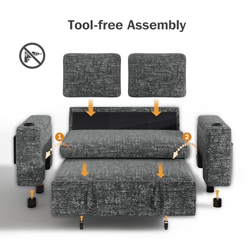 Vipbear 65" Loveseat Sleeper Sofa with Pull Out Bed, Chenille 3-in-1 Convertible Sofa Bed with Reclining Backrest|USB Ports|Cup Holders|Side Table|Storage Armrests, Tool Free Assembly, Grey - color: Grey