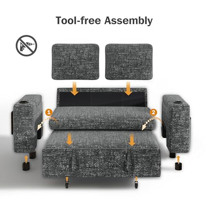 Vipbear 65" Loveseat Sleeper Sofa with Pull Out Bed, Chenille 3-in-1 Convertible Sofa Bed with Reclining Backrest|USB Ports|Cup Holders|Side Table|Storage Armrests, Tool Free Assembly, Grey - color: Grey
