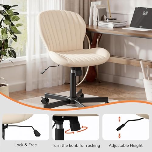 Armless Office Chair, PU Leather Office Chair with Wheels & Adjustable Height, Swivel Rocking Computer Chair, Ergonomic Soft Padded Office Chairs for Small Space, Study and Vanity, Beige - color: Beige