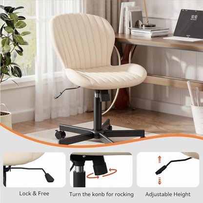 Armless Office Chair, PU Leather Office Chair with Wheels & Adjustable Height, Swivel Rocking Computer Chair, Ergonomic Soft Padded Office Chairs for Small Space, Study and Vanity, Beige - color: Beige