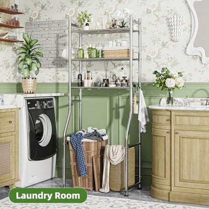 Simple Trending 3 Tier Over The Toilet Rack, Bathroom Shelves with 4 Hooks and Paper Holder, Bathroom Stand Organizer Space Saver, Chrome