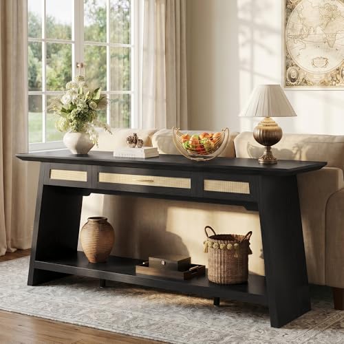 iPormis 70.9 Inches Rattan Entryway Table with Drawer, Narrow Long Console Table Behind Sofa, Modern Entry Accent Hallway Table for Living Room, Behind Couch, Entrance, Black - color: Black