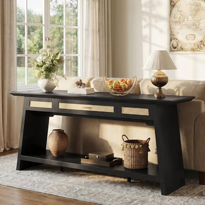 iPormis 70.9 Inches Rattan Entryway Table with Drawer, Narrow Long Console Table Behind Sofa, Modern Entry Accent Hallway Table for Living Room, Behind Couch, Entrance, Black - color: Black