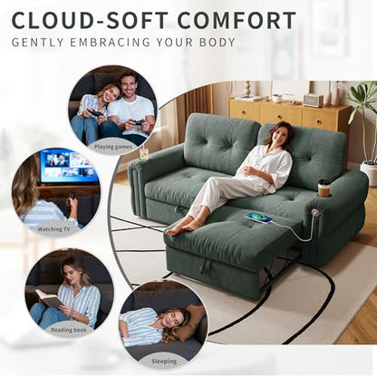 80.4" Queen Sleeper Sofa Bed, 3 in 1 Convertible Pull Out Couch with USB Ports & Cup Holders, Modern Chenille Loveseat Sofabed with Adjustable Backrest for Living Room, Bedroom, Apartment - color: Green, style: Sofabed w/USB &Cup Holders