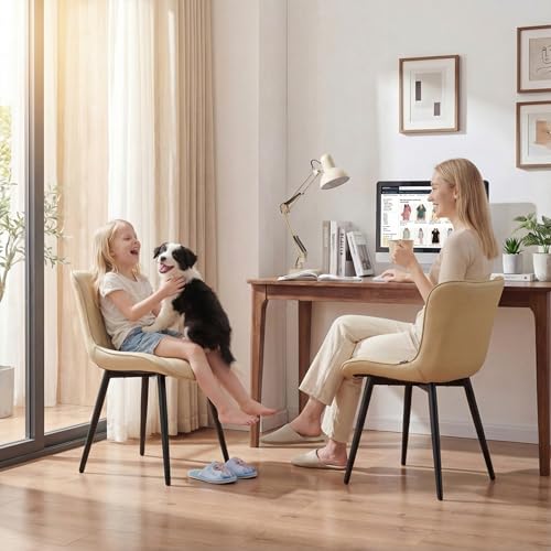 YOUNUOKE Dining Chairs Set of 2 Mid-Century Modern Kitchen Chairs Beige | Faux leather upholstered with Back, fits dining living waiting room guest reception. Waterproof easy to clean assemble, 300lb - color: Beige