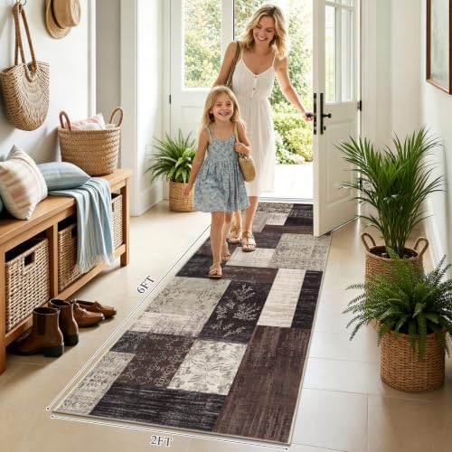Washable Runner Rug, 2x6 Rugs Runners for Hallways Non Slip, Low Profile Vintage Area Floor Carpet Runner for Kitchen Laundry Bedroom Entryway - color: Brown, size: 2' x 6' (Rectangular)