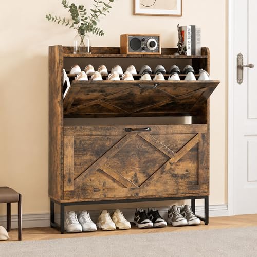 Shoe Cabinet Storage for Entryway, Slim Shoe Storage Cabinet with 2 Flip Drawers, Narrow Vertical Shoe Rack Cabinet with Metal Hooks, Small Space Solution for Hallway, Rustic Brown - color: Rustic Brown