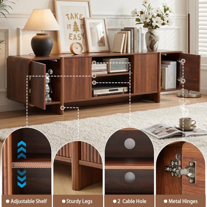 70'' Fluted Wood TV Stand with Storage Fits Up to 80 Inch TV | Mid-Century Modern Media Console with Open Shelves & Cable Holes Low TV Entertainment Center for Living Room Bedroom (Walnut)