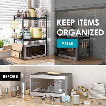 DOLALIKE Microwave Oven Rack, Expandable Microwave Stand Countertop Kitchen Utensils Tableware Storage, Carbon Steel Over Microwave Shelf Countertop with 6 Hooks | Adjustable Microwave Oven Rack Metal Storage Shelf for Pans Small Appliances Kitchen Utensi