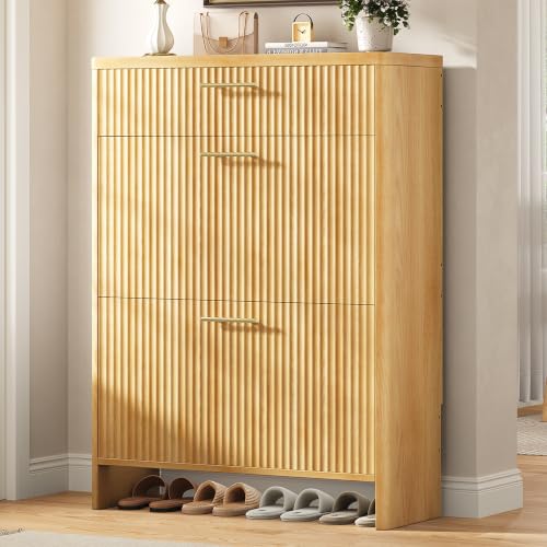 Fluted Shoe Storage Cabinet for Entryway, Narrow Wooden Shoe Cabinet with 2 Flip Drawers & Pull-Out Drawer, Modern Freestanding Slim Shoe Organizer Rack for Foyer/Hallway/Living Room, Oak - color: Oak