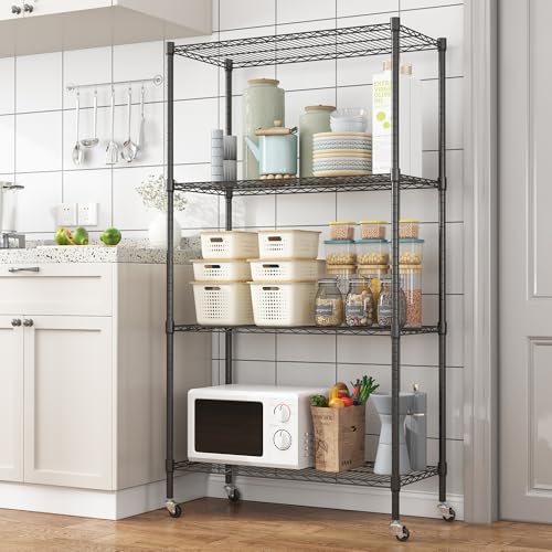 Homdox Heavy Duty 4-Tier Metal Shelving Unit with Adjustable Shelves, Rolling Storage Rack for Kitchen, Garage, Pantry, 36.02"x17.91"x74.41", Black - color: Black, size: 36.02*17.91*74.41 inch
