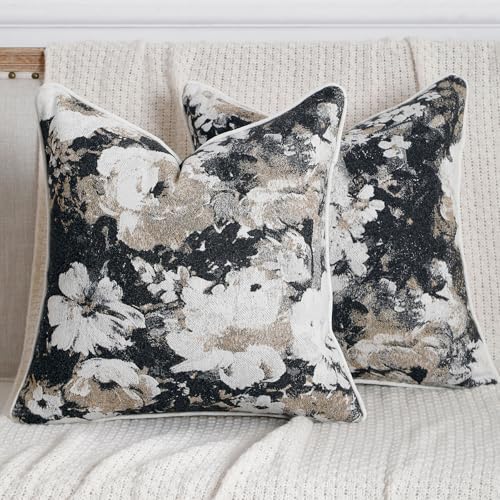 Vintage Floral Throw Pillow Covers 18x18 Set of 2 Neutral Boho Farmhouse Soft Chenille Jacquard Decorative Couch Pillow Covers for Sofa Couch Bed Living Room Home Décor Beige Black - color: Beige Black, size: 18" x 18" (Pack of 2)