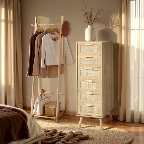 Finnhomy Rattan Dresser for Bedroom, Tall Dresser with 6 Hand Made Rattan Decorated Drawers, Small Chest of Drawers for Living Room, Closet, Hallway, Natural - size: 15.5"D x 15.7"W x 49"H (6 Drawers)
