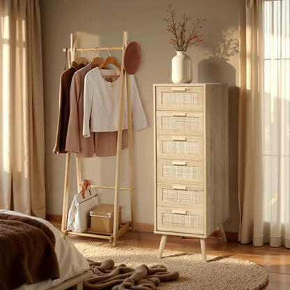 Finnhomy Rattan Dresser for Bedroom, Tall Dresser with 6 Hand Made Rattan Decorated Drawers, Small Chest of Drawers for Living Room, Closet, Hallway, Natural - size: 15.5"D x 15.7"W x 49"H (6 Drawers)