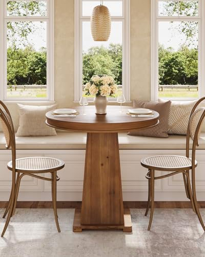 LITTLE TREE Solid Wood Round Dining Table, 31.5" Small Kitchen Table for 2, Modern Farmhouse Dinner Table for Dining Room, Kitchen, Living Room, Artistic Geometric Base, Table Only (Rustic Brown) - color: Rustic Brown