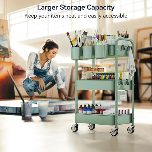 3-Tier Rolling Cart, Green, 66 Pounds Capacity, Mesh Storage Organizer with Lockable Wheels, 3 Hanging Cups, 4 Hooks, Easy Assembly, for Kitchen, Bathroom, Laundry, Grocery | Sturdy Rolling Storage Cart With Hooks & Hanging Cups, Great For Craft, Art Work