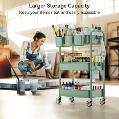 3-Tier Rolling Cart, Green, 66 Pounds Capacity, Mesh Storage Organizer with Lockable Wheels, 3 Hanging Cups, 4 Hooks, Easy Assembly, for Kitchen, Bathroom, Laundry, Grocery | Sturdy Rolling Storage Cart With Hooks & Hanging Cups, Great For Craft, Art Work