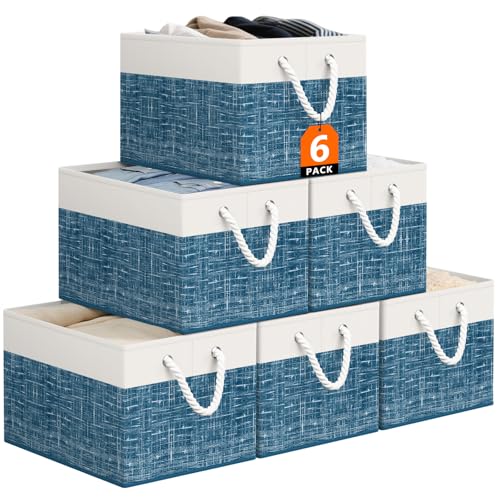 StorageTastic Storage Bin,Collapsible Storage Basket For Organizing, | Large Storage Boxes With Rope Handles,Storage Containers,White & Blue,6 Pack - color: Blue, size: 15" X 10" X 9.5" (6 Pack)