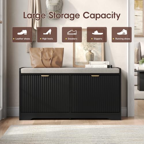 Maupvit 39.4" Fluted Shoe Bench with Storage, Narrow Entryway Bench, Black | with Removable Seat Cushion & 2 Flip-Drawers, Shoe Cabinet Bench, Boho Hidden Shoe Rack for Entrance, Hallway, Living Room - color: Black