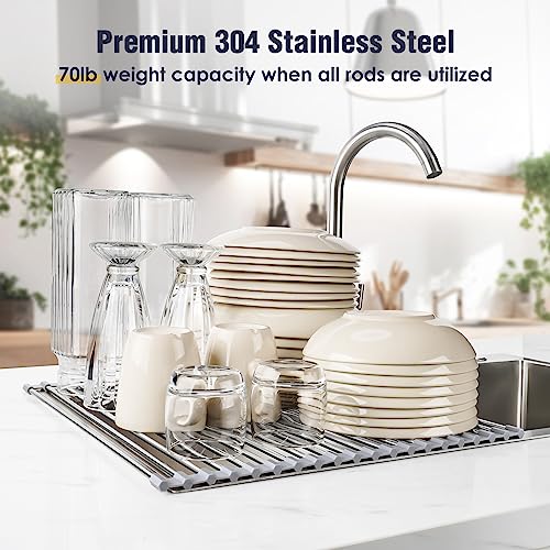 Tomorotec 17.7" x 15.5" Roll Up Dish Drying Rack Over Sink Drying Rack Sink Cover Kitchen Sink Accessories Gadget Multipurpose Organizer Foldable Stainless Steel Drainer (Grey) | Anti-Slip Silicone Rims For Grip, Heat-Resistant Trivet Mat Holding Heavy Co