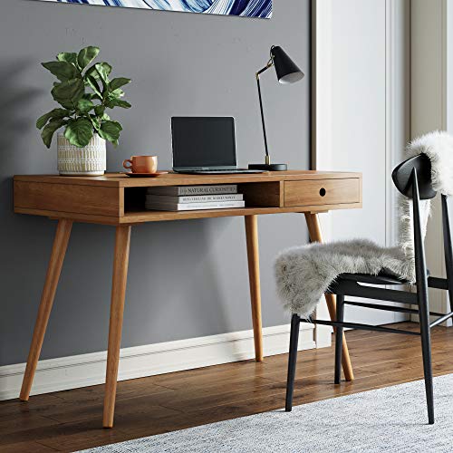 Nathan James Parker Modern Home Office Writing, Computer or Laptop Desk with Open Storage Cubby and Small Drawer, Walnut - color: Walnut