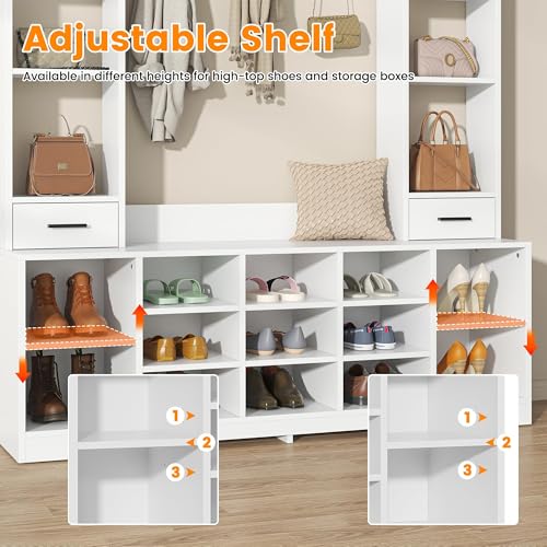 Farmhouse Hall Tree with 2 Independent Drawers,6-in-1 Entryway Bench with Coat Rack Adjustable Shoe Storage for Foyer/Hallway,White - color: White