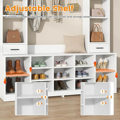 Farmhouse Hall Tree with 2 Independent Drawers,6-in-1 Entryway Bench with Coat Rack Adjustable Shoe Storage for Foyer/Hallway,White - color: White