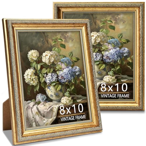 Ornate 8x10 Picture Frame Set of 2, Vintage 8 x 10 Photo Frame for Wall Hanging and Tabletop Display, Distressed Gold Color, Picture Frames 8x10, 2 Pack - color: Gold Distressed, size: 8x10-2P