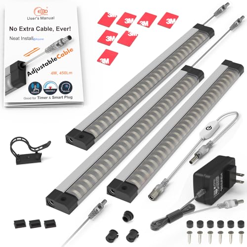 EBD Under Cabinet Lighting Plug in 3 Pcs 12 Inch, No Messy Wires Built-in Adjustable Cable LED Light Bar 6500K 1350LM for Kitchen Home Office, Dimmer Memory for Smart Plug, Neat Under Counter Lights - size: 3-Pack
