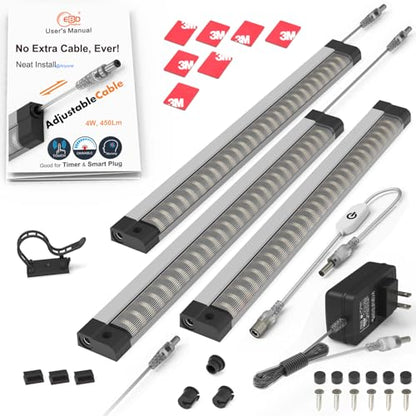 EBD Under Cabinet Lighting Plug in 3 Pcs 12 Inch, No Messy Wires Built-in Adjustable Cable LED Light Bar 6500K 1350LM for Kitchen Home Office, Dimmer Memory for Smart Plug, Neat Under Counter Lights - size: 3-Pack