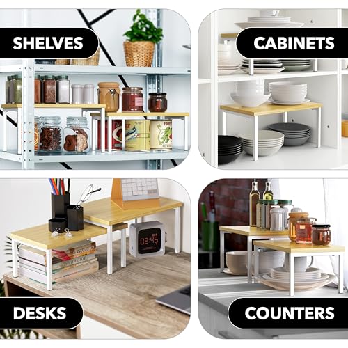 Simple Houseware Stackable Cabinet Counter Shelf Wooden Surface, Oak | Expandable Organizer 7.6" D x 11.75" W x 6.1" H - color: Oak