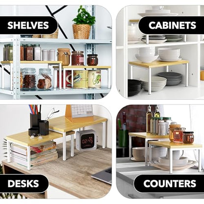 Simple Houseware Stackable Cabinet Counter Shelf Wooden Surface, Oak | Expandable Organizer 7.6" D x 11.75" W x 6.1" H - color: Oak