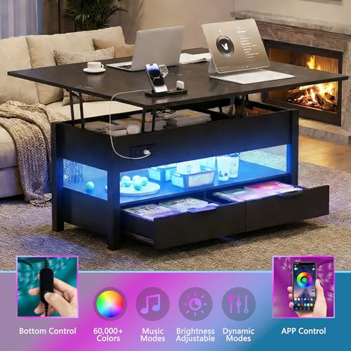 40" Lift Top Smart Coffee Table for Living Room | Power Outlets, LED Lights, Lifting Top, Storage Drawers & Compartments, for 4-6 People, Black - color: Black