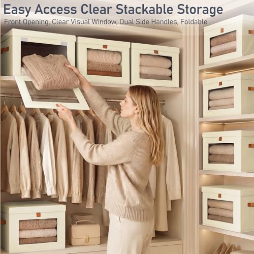 DIMJ Storage Bins with Lids - 6 Pack Front Opening Stackable Fabric Storage Boxes with Clear Window & Handles, Collapsible Closet Organizers for Clothes, Sweaters, Shelf Storage, Bedroom, Beige - color: Beige, size: Medium-6 Pack