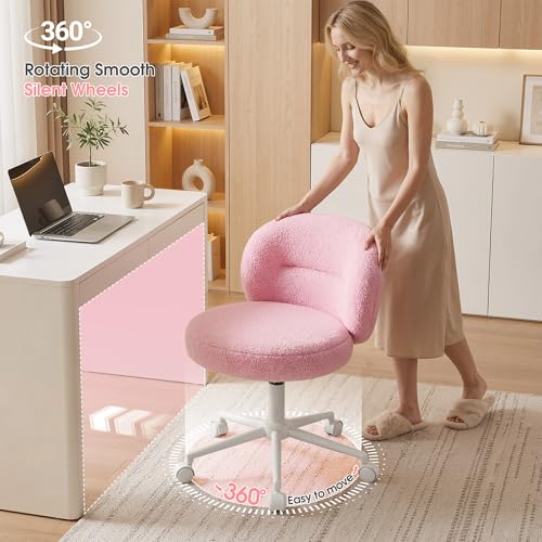Homkdom Round Vanity Chair with Silent Wheels, 17.32" Wide Seat | Height Adjustable, 360 Swivel & Smooth Rolling, Armless Design for Makeup and Study - Pink - color: Pink