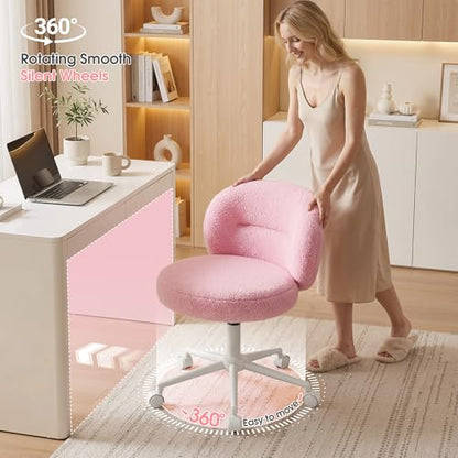 Homkdom Round Vanity Chair with Silent Wheels, 17.32" Wide Seat | Height Adjustable, 360 Swivel & Smooth Rolling, Armless Design for Makeup and Study - Pink - color: Pink