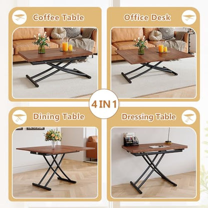Adjustable Height Coffee Table, 4-in-1 Folding Dining Table, Walnut | Convertible lift top table for use as a coffee table, dining table, home office desk or vanity - color: Walnut & Black Legs
