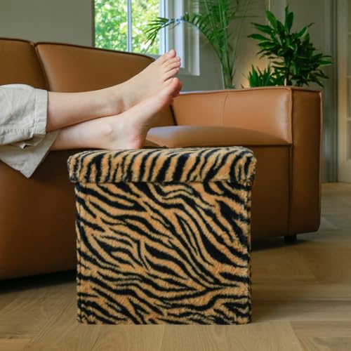 Luxe Faux Fur Storage Ottoman, Tiger Tan/White, 15 x 15 x 15 in | Engineered Wood, Tool-Free Assembly, Modern Style, Seat And Footrest - color: Tiger Tan/White, size: 15"D x 15"W x 15"H