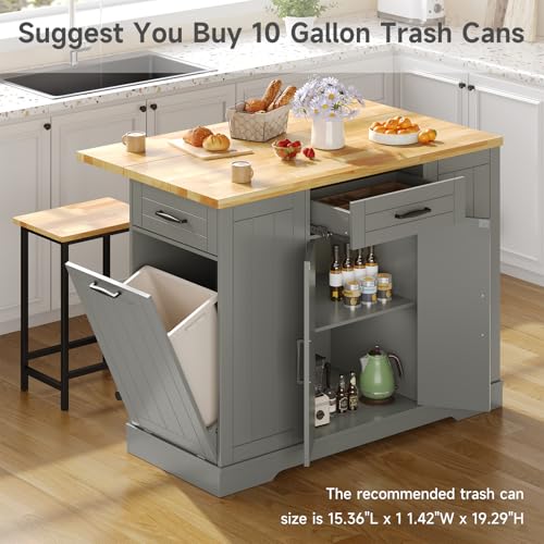 47" Kitchen Island with Seating, Stationary Island Table with Storage Include 2 Chairs, Kitchen Islands with Drop Leaf, Dining Table with Trash Cabinet & Power Outlet & Spice Rack, Grey - color: Grey