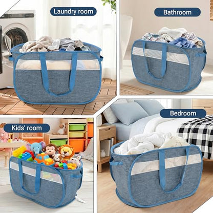 100L Collapsible Laundry Baskets, Foldable Dual Handles Laundry Hamper Blue | Lightweight, Easy to Carry, Up and Downstairs, Tear-Proof, Space-saving, for Laundry Room, Bedroom, Bathroom, Travel, Dorm - color: 100L Blue