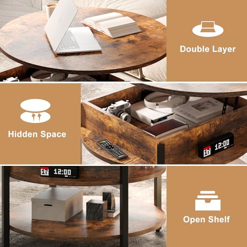 FABATO 26.77” Round Lift Top Coffee Table with Storage, Rustic Brown | Farmhouse Coffee Table, 2 Tier Small Round Center Table, Center Table for Living Room, Circle Dining Table - color: Rustic Brown