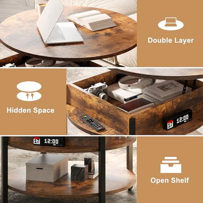 FABATO 26.77” Round Lift Top Coffee Table with Storage, Rustic Brown | Farmhouse Coffee Table, 2 Tier Small Round Center Table, Center Table for Living Room, Circle Dining Table - color: Rustic Brown