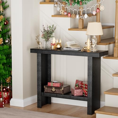 Console Table, 39.3" Rectangular Modern Entryway Table with Storage | Behind The Couch Sofa, Entrance Side Table with Shelves for Hallway, Living Room, Foyer, Black - color: Black