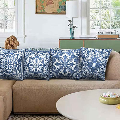 Set of 4 Boho Linen Throw Pillow Covers 18x18 Inch Square | Soft Linen, Fade Proof Print, Hidden Zipper, Indoor Outdoor, Machine Washable, Boho Sofa Decor - size: 18" x 18" (Pack of 4)