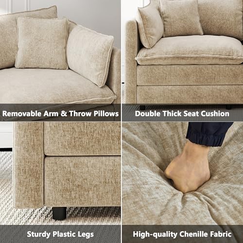 Aoowow Modular Sectional Sofa Modern Convertible Loveseat Couch,77.16 Inch Deep 2-Seater Sofas Comfy Chenille Cloud Sofas and Couches with Pillows for Living Room Apartment（Camel） - color: Camel, size: 2 Seat